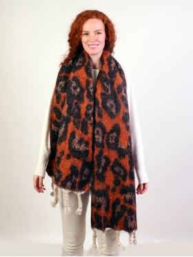 Reversible Leopard Blanket Scarf W/ Twisted Tassels